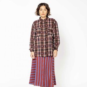 Ace & Jig Alma Button Down Top Collar In Scholar Brown 100% Cotton Sz XS